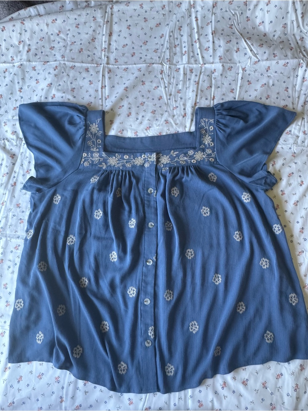 torrid Blue Embroidered Button-Front Flutter Sleeve Top